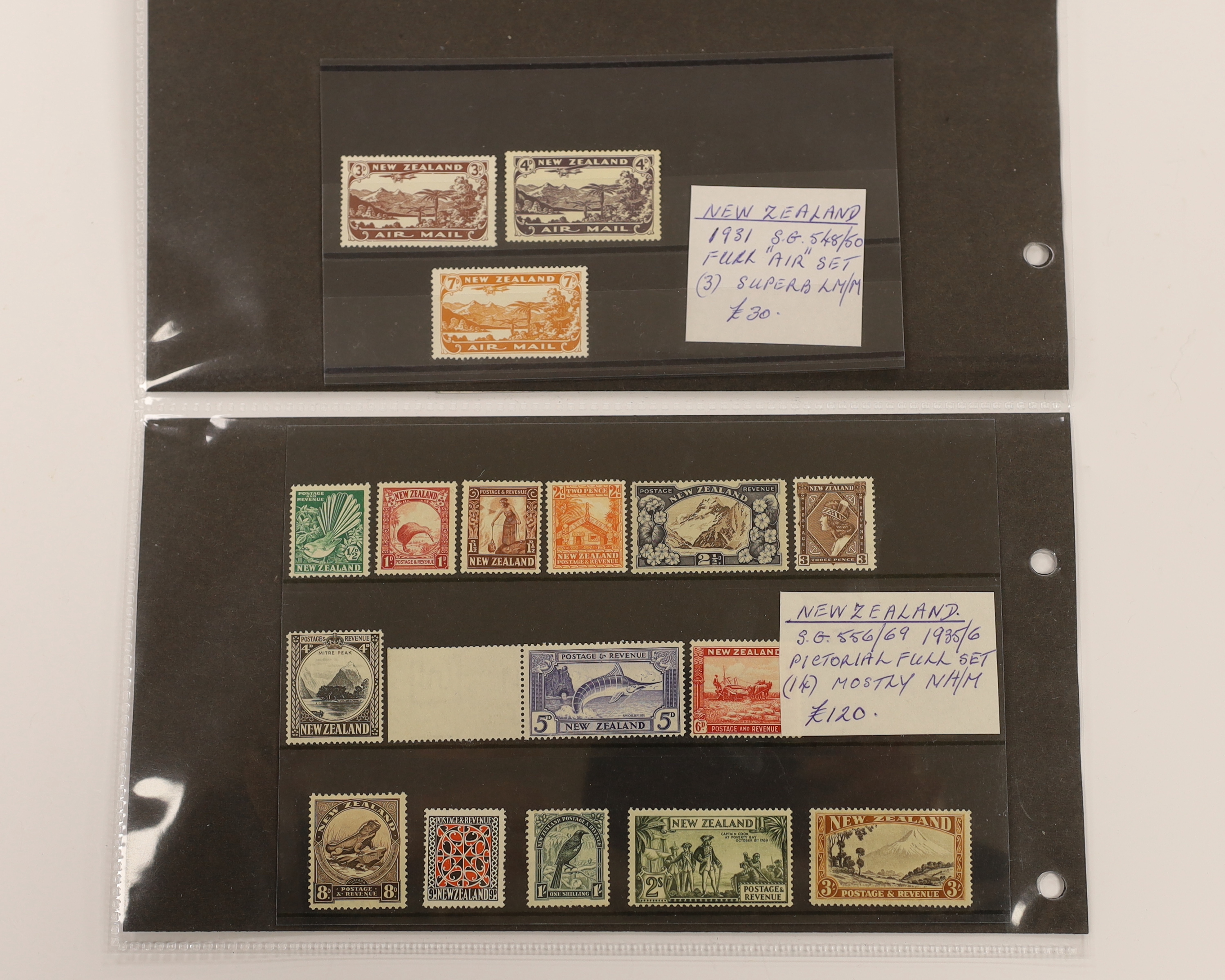 Various stamps including New Guinea 1931 both Overprinted air sets, 1935 £2, 1939 set to £1, New Zealand Q.V. Postal Fiscals to 5/- (2), 6/- and 10/-, 1902 2/- marginal block, Rhodesia 1905 Falls set, Northern Rhodesia 1